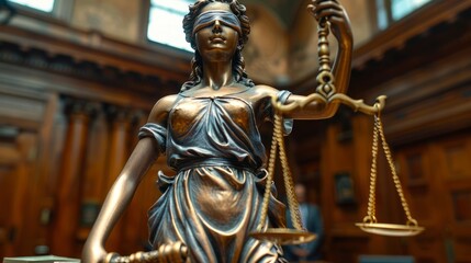 The bronze figure of Lady Justice stands in a historic courtroom, blindfolded and balancing scales, symbolizing impartiality and fairness in the legal system