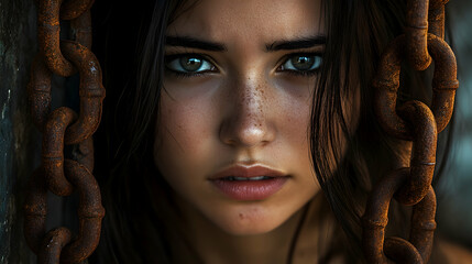 A young woman with dark hair and a serious