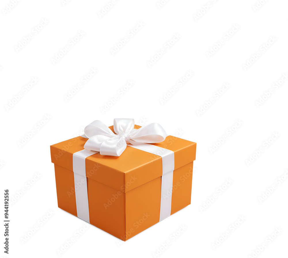 Wall mural orange gift box with white bow, isolated on transparent background, thanksgiving day, christmas, birthday, anniversary, Valentine.