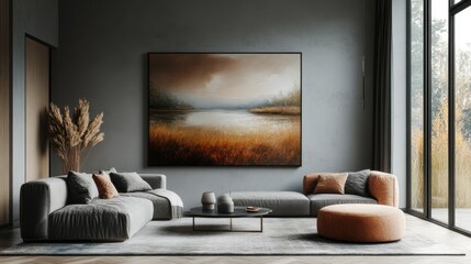 mindfulness decor, a peaceful landscape painting on the wall brings a sense of tranquility to the room, ideal for mindfulness and relaxation practices