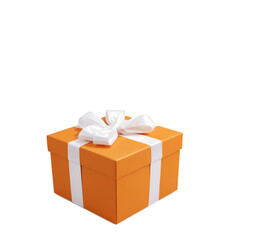 orange gift box with white bow, isolated on transparent background, thanksgiving day, christmas, birthday, anniversary, Valentine.