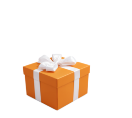 orange gift box with white bow, isolated on transparent background, thanksgiving day, christmas, birthday, anniversary, Valentine.