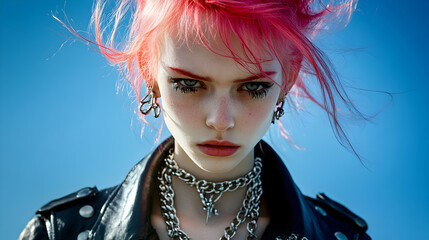 A young woman with pink hair a leatherv  jacket