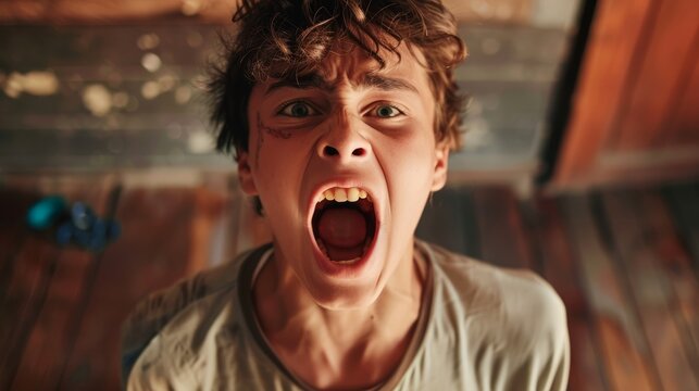 A young boy, visibly distressed, yells loudly in a poorly lit room with wooden floors. His hair is disheveled, and the atmosphere feels intense and chaotic