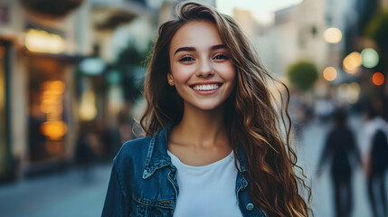 Beautiful happy young woman walking in the city