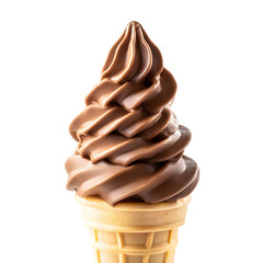 A creamy chocolate soft serve in a cone, isolated on a transparent background.