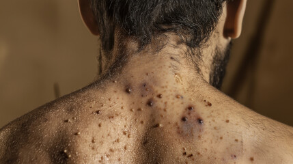 Naklejka premium Close-up view of the back of a person showing multiple lesions caused by monkeypox virus infection.