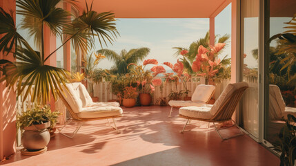 Fototapeta premium Cozy outdoor terrace with lush tropical plants and pink furniture