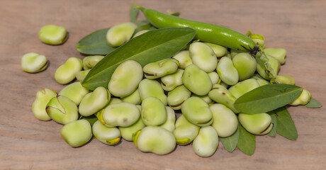 Broad bean or fava beans (Fave) on the close-up. From garden to table: springtime vegetables and legumes