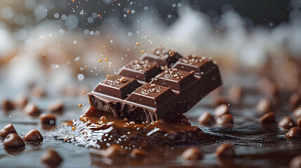 Chocolate Bar Splashing into Melted Chocolate Realistic Image