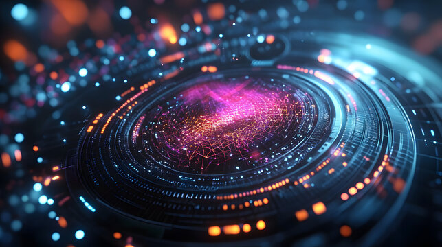 Futuristic HUD displaying a 3D object with a high-tech holographic interface of glowing fractal particles, representing nanotechnology radar software