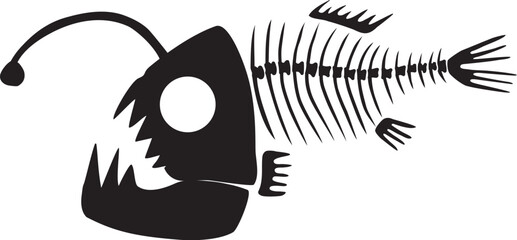 Decayed Halloween deep sea fish angler with dried skeleton bones, fairy tale creepy character. Scary ancient fossil of sea fish angler. Simple black and white Vector isolated on white background