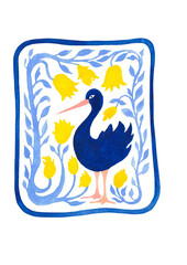 illustration of blue bird stands surrounded by floral ornament of yellow flowers and blue leaves on white background