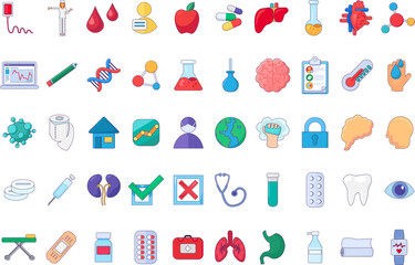 Large kit of medical devices, equipment and items. Collection of scientific, pharmaceutical and laboratory icons in blue green colors. Set of multicolored symbols isolated on white background