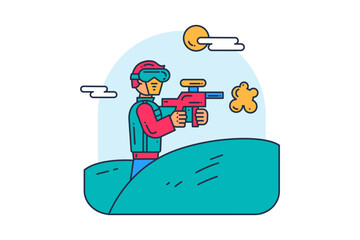 Young extreme athlete in protective uniform shoots paintball gun from cover at enemy. Extreme sports and active lifestyle. Simple colored stroked vector icon isolated on white background