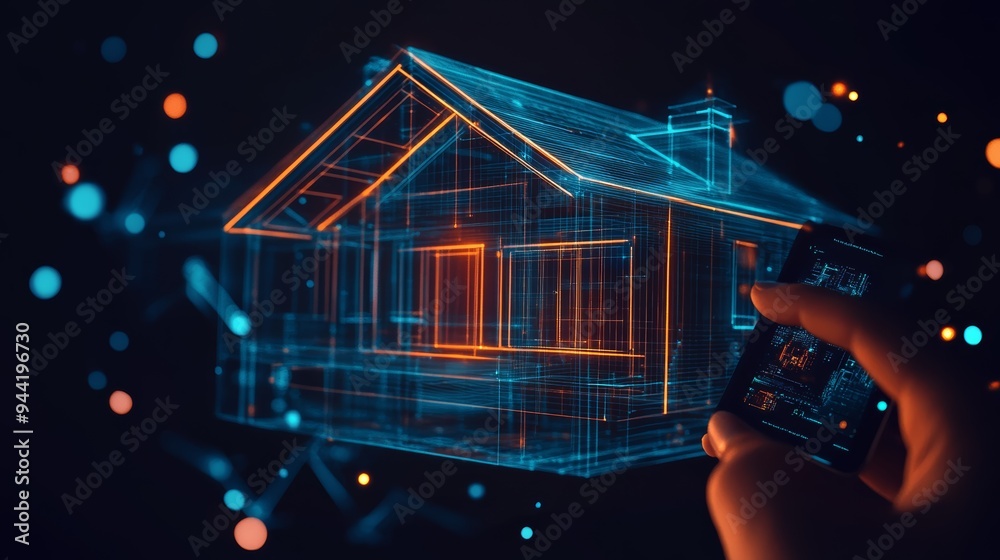 Poster smart home controlled by a mobile device, showcasing secure technology and data protection