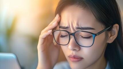 Fototapeta premium Eye problem concept, fatigue asian young woman tired eyes, irritated rubbing eye dry relief vision pain after work on laptop computer, eye strain, hand holding glasses, suffer migraine, bad blurry