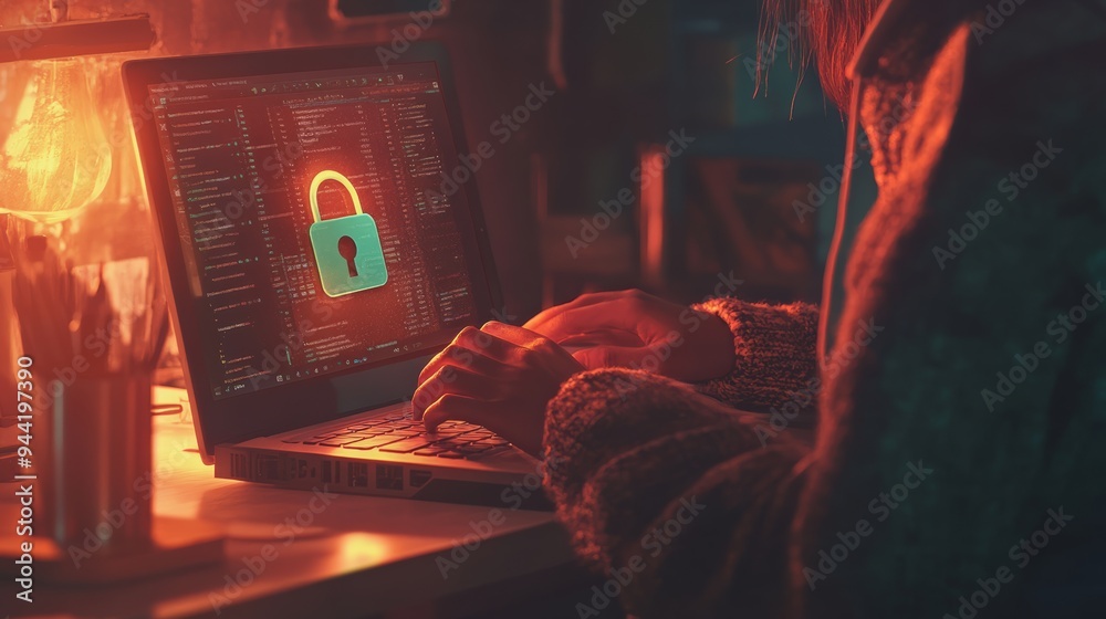 Poster woman working on a laptop with a bright red digital lock icon on the screen, representing cybersecur