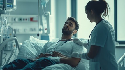 Nurse assisting male patient in hospital bed during daytime with medical equipment nearby