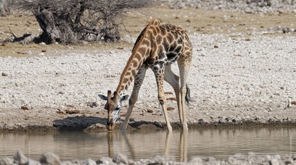 Giraffe Drinking from a Waterhole in the Savanna