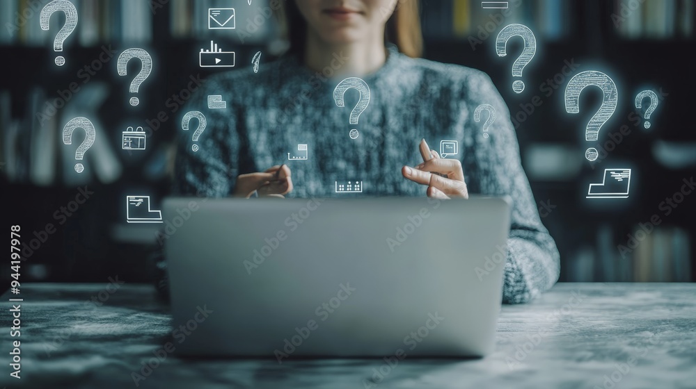 Poster Person using a laptop with floating question marks symbolizing data analysis and problem-solving.
