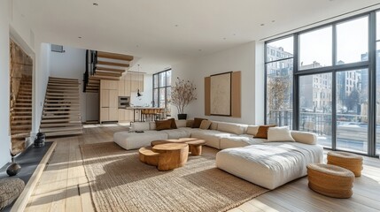 Modern spacious living room with natural light, wooden furniture, and large windows in an urban setting.