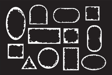 Large kit of round, square and oval torn paper frames. Collection of borders for photos and certificates. Set of black and white grunge frames isolated on black background