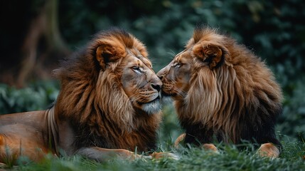 Obraz premium Two majestic lions with golden manes nuzzle noses in a lush green forest.