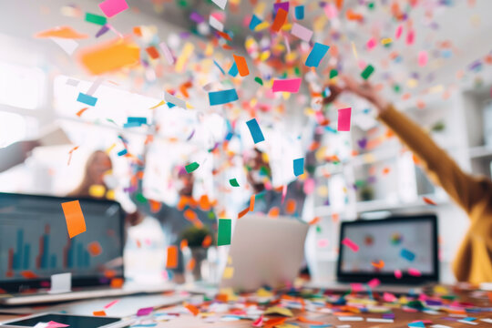 Celebration scene with colorful confetti falling in a modern office, representing joy and teamwork in a dynamic work environment.