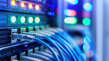 Close-up view of a server rack with illuminated lights and network cables, showcasing modern technology and data connectivity.