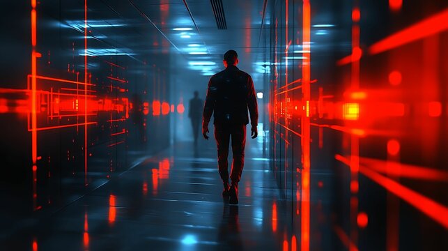 Man Walking Through Futuristic Corridor with Red Lights