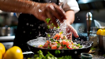 Chef Sprinkling Salt Over Fresh Ingredients in a Pan