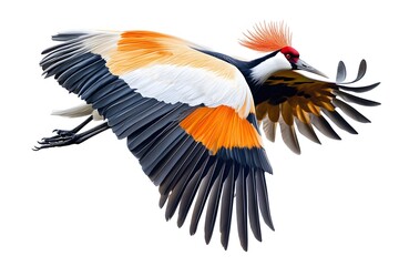 Obraz premium Grey Crowned Crane Bird, Flying on White Background, Photo Realistic, Wallpaper, Cover and Screen for Smartphone, Cell Phone, Computer, Laptop, 9:16 and 16:9 Format