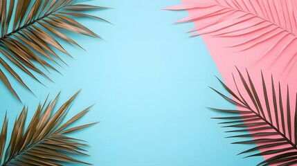 Photo of a pastel pink and blue background with palm leaves for an abstract summer concept. Web banner with copy space on the right
