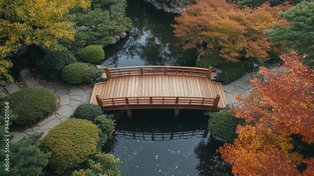 Wall mural Wooden Bridge Over a Pond in an Autumn Garden