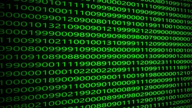 Abstract binary code background digits moving on the screen. Data, code, decryption and encoding concepts. Digital wall background with white numbers. 