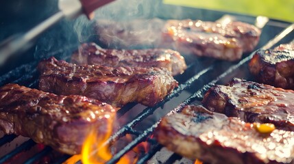 Closeup of juicy steaks grilling on a hot grill.