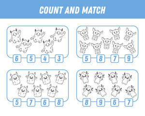 Education game for children count and match of cute cartoon monsters, printable worksheet. Vector
