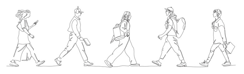 People walking set. Using phone, wear headset, backpacks. Side view. Continuous line drawing.  Black and white vector illustration in line art style.