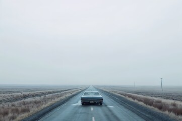 Lone vintage car on an empty, overcast rural road.