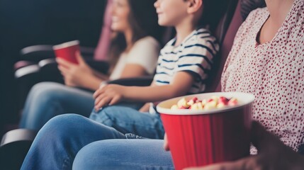 Naklejka premium A woman and her children enjoying a movie with popcorn and drinks.