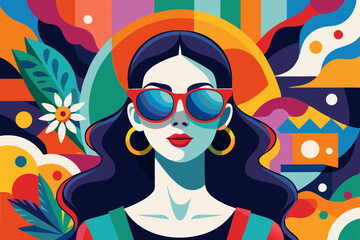 A stylish woman wearing shades in a striking, color-filled abstract background, reflecting modern fashion, creative expression, and a bold sense of individuality.
