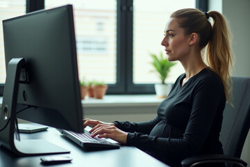 photo of pregnant woman working sitting at her desk in her office, generative AI