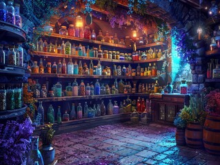 A magical apothecary filled with shelves of colorful potions and herbs.