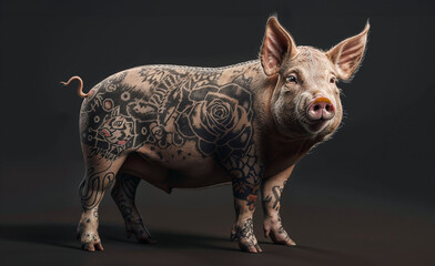 Fototapeta premium Pig with intricate tattoo designs covering its body. Realistic portrait isolated against dark background. Unusual blend of farm animal and artistic expression.
