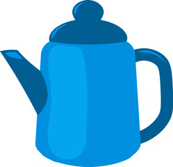Blue ceramic teapot with lid and handle. Handmade tableware for tea drinking. Simple color cozy illustration. Hand drawn cartoon vector isolated on white background