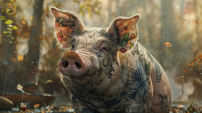 Whimsical pig with colorful tattoos with autumn forest. Intricate floral and nature designs cover its body. Soft lighting and falling leaves in the background for a modern and creative wallpaper