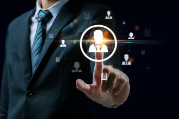 Human Resource. HR management hand choosing to find employee with virtual graphic icon diagram, team leader, business marketing, job recruitment, human resource management, job interview concept