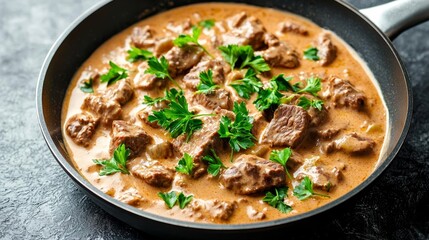 Traditional beef stroganoff with tender veal and creamy sauce