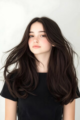 Naklejka premium Youthful Woman with Flowing Hair and Serene Expression